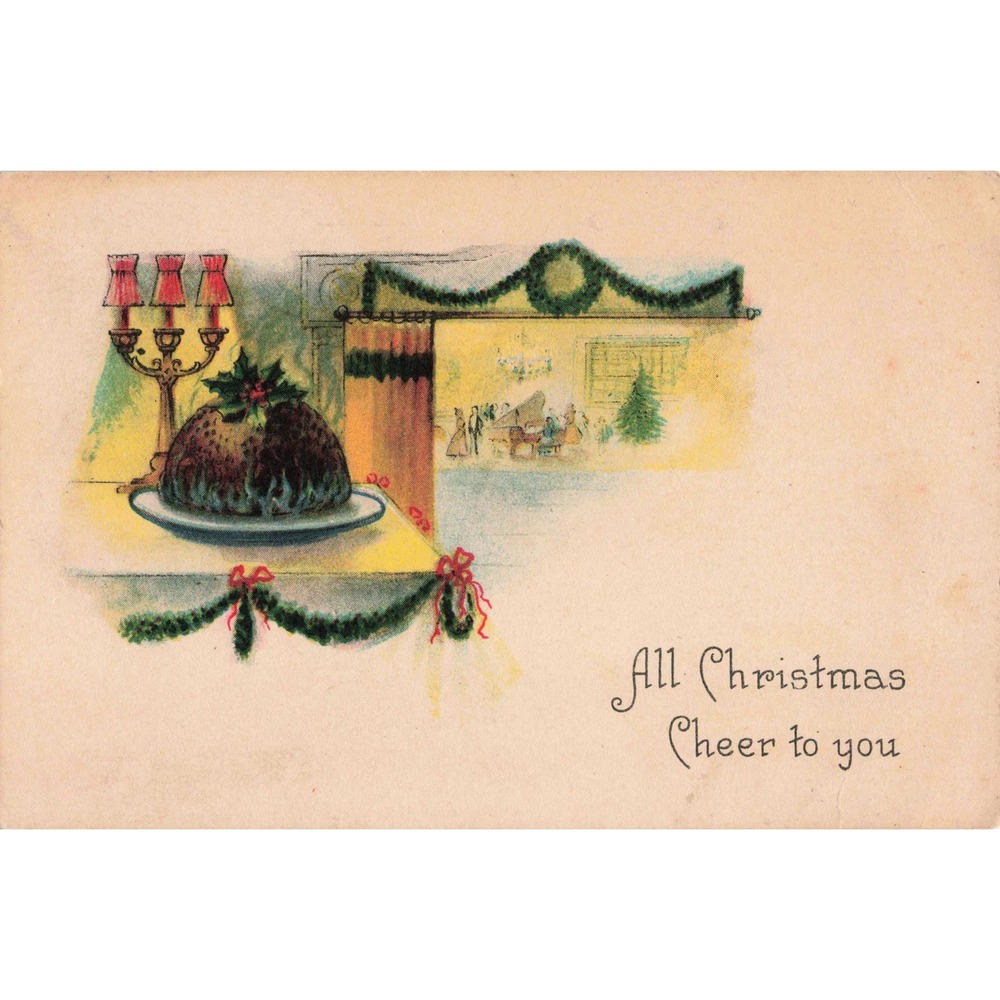 Vtg 1909 All Christmas Cheer To You Postcard Flaming Plum Pudding Tree Piano